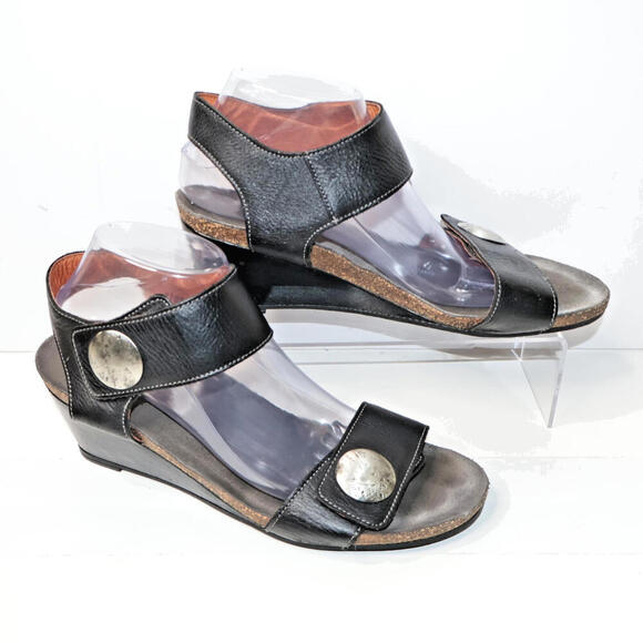 Taos Carousel 2 Black Leather Casual‎ Open Toe Wedge Sandals Womens EU 41  US 10 - Picture 1 of 9